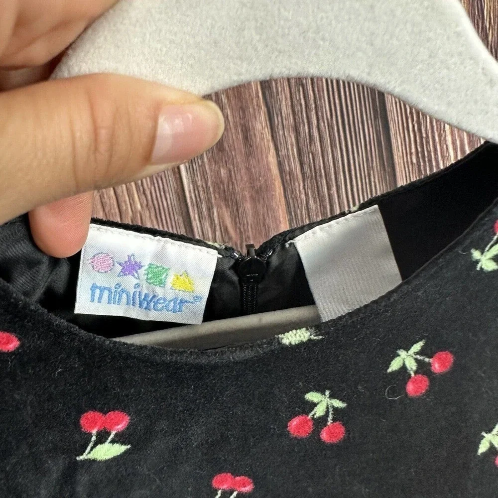 Vintage Baby Girl Cherry Print Dress Velvet Black‎ Size 24 Months